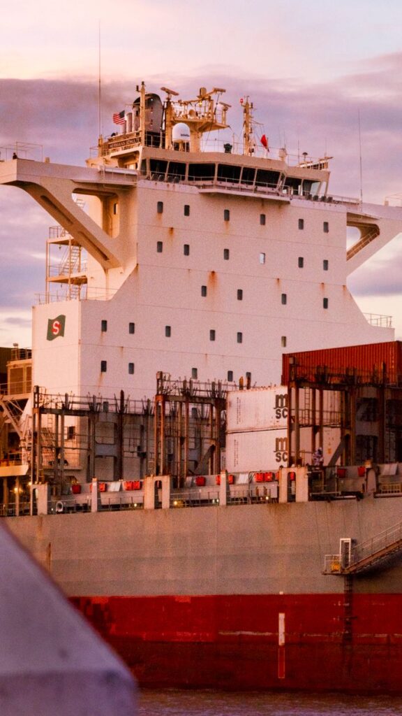 Large cargo ship docked at port during sunset, displaying multiple containers.